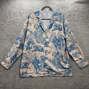 Commense NWOT XL Blue Cream‎ Pattern Button Up V-Neck Casual Top Missing Belt